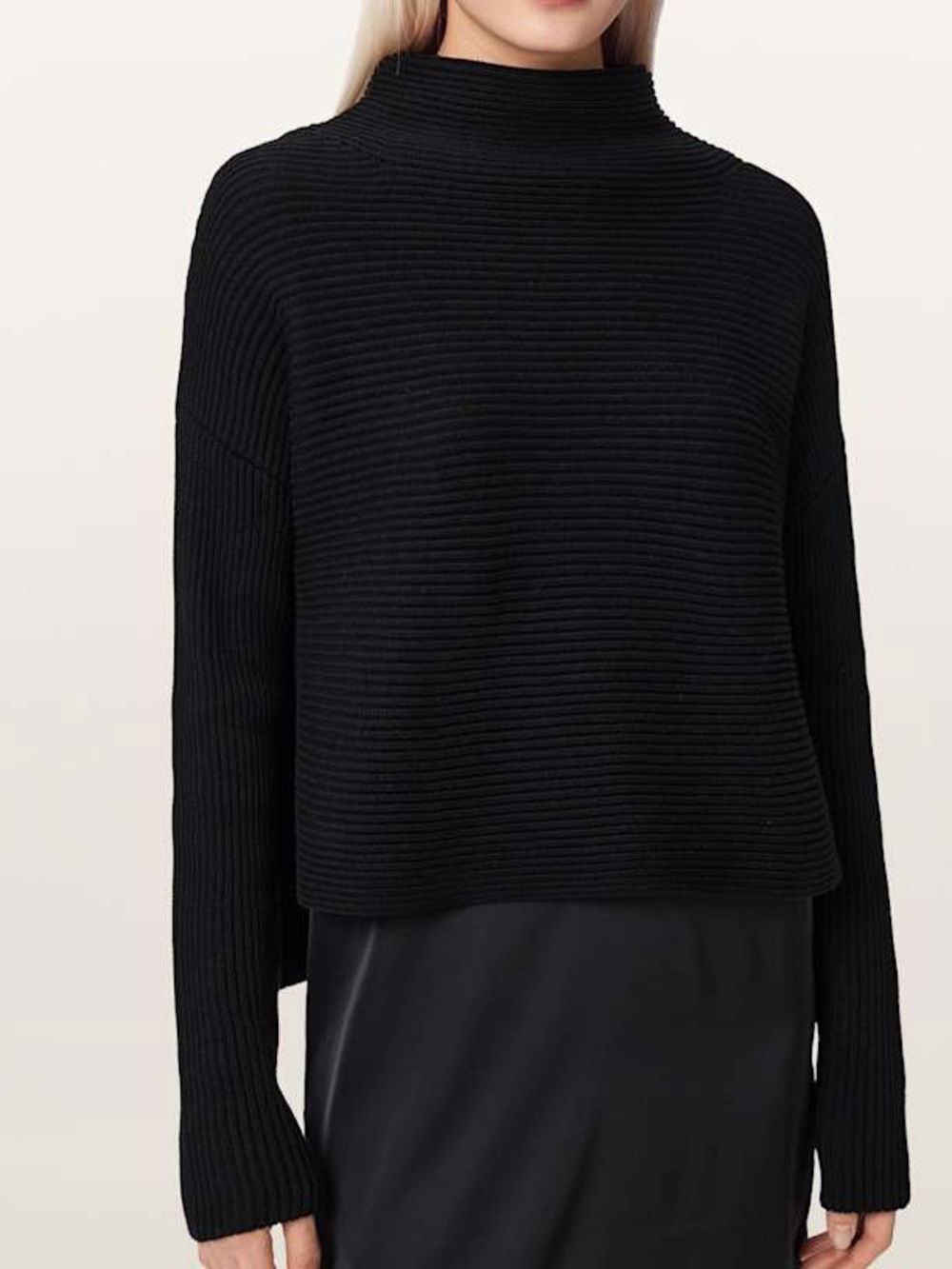 All Saints Ridley Black Cotton Ribbed Knit Mockneck Turtleneck Jumper Sweater